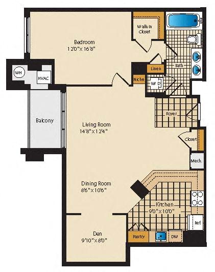 Floor plan for 1 bed, 1 bath, 982 sqft
