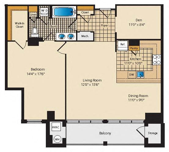 Floor plan for 1 bed, 1 bath, 1134 sqft