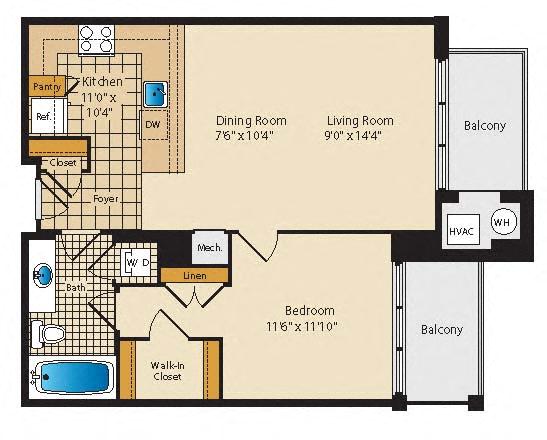 Floor plan for 1 bed, 1 bath, 770 sqft