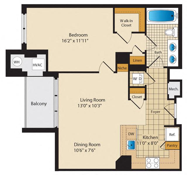 Floor plan for 1 bed, 1 bath, 786 sqft
