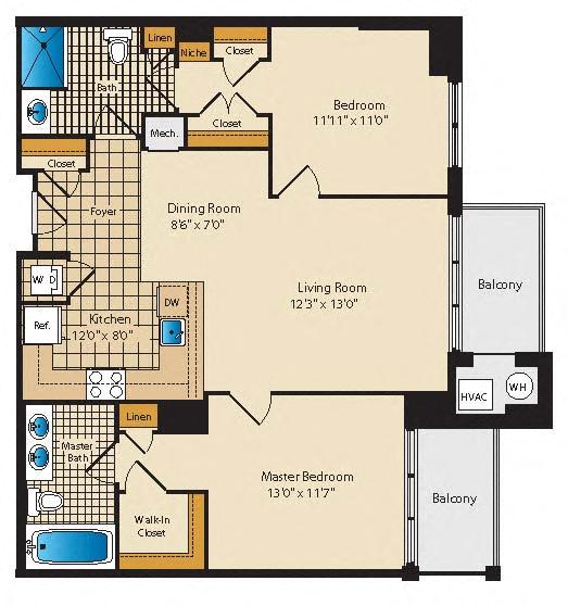 Floor plan for 2 beds, 2 baths, 1083 sqft