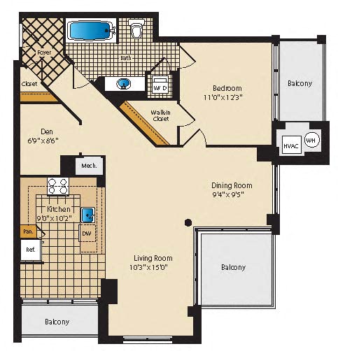 Floor plan for 1 bed, 1 bath, 1003 sqft