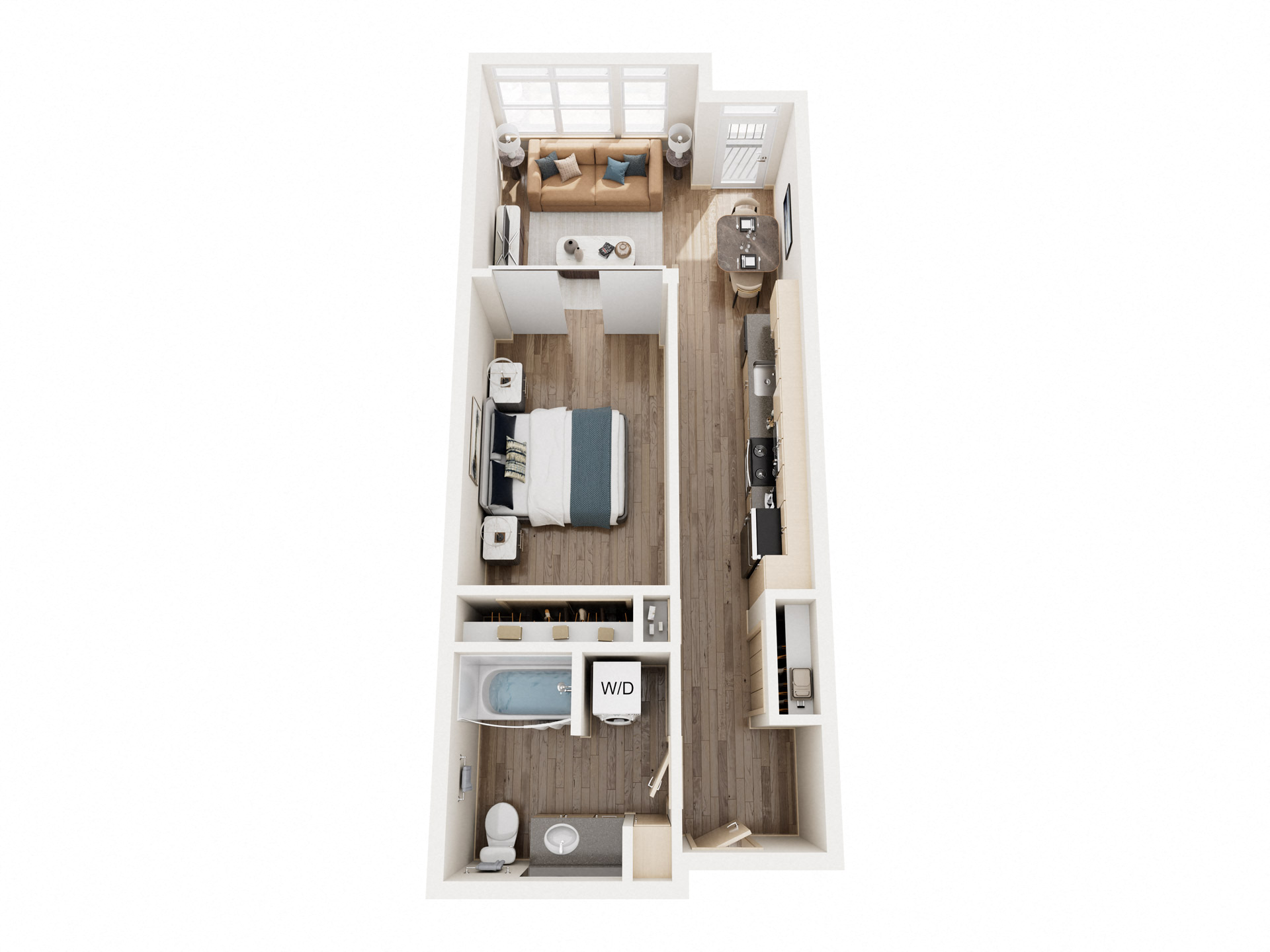 Floor plan for 1 bed, 1 bath, 735 sqft