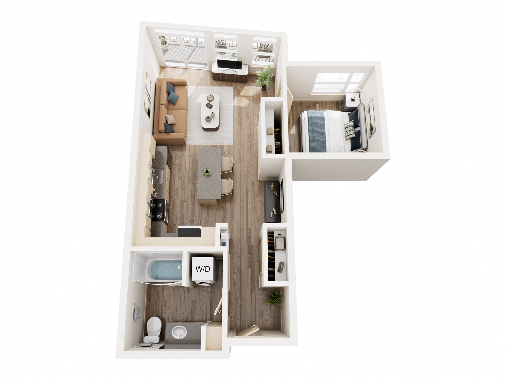 Floor plan for 1 bed, 1 bath, 653 sqft
