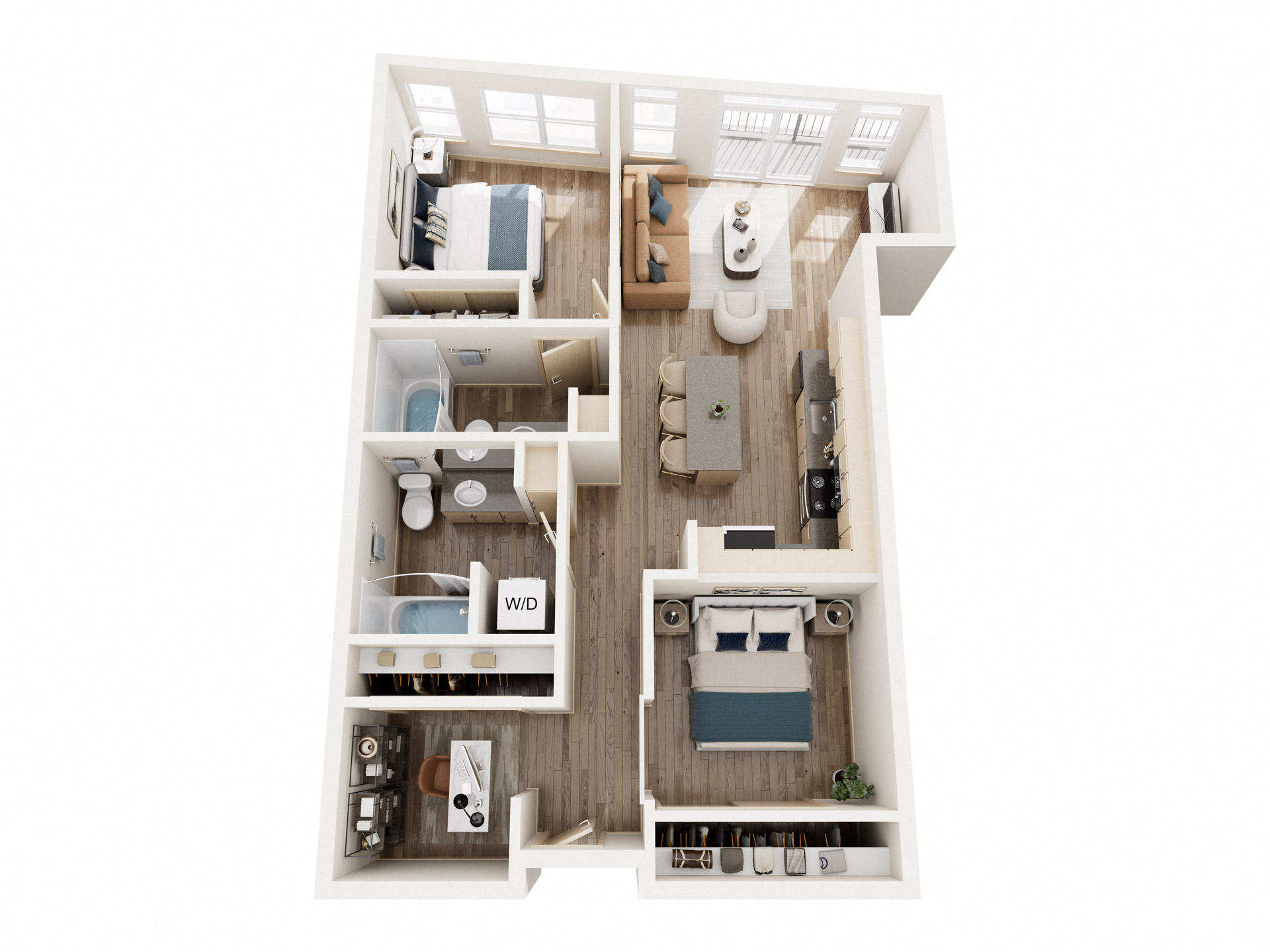 Floor plan for 2 beds, 2 baths, 935 sqft