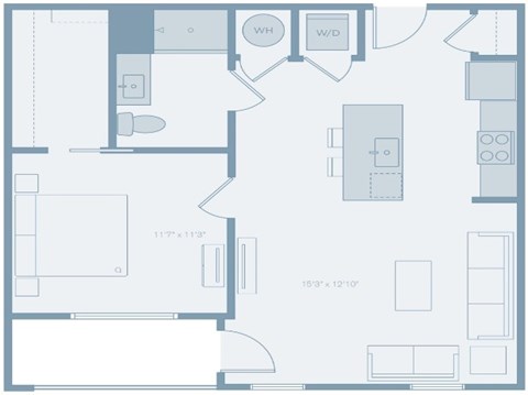 Floor plan for 1 bed, 1 bath, 707 sqft