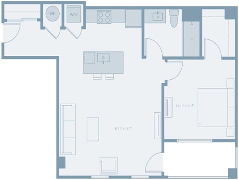 Floor plan for 1 bed, 1 bath, 786 sqft