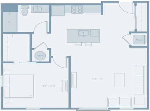 Floor plan for 1 bed, 1 bath, 868 sqft