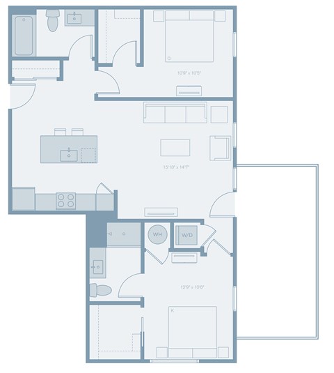 Floor plan for 2 beds, 2 baths, 991 sqft
