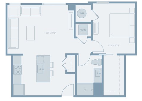 Floor plan for 1 bed, 1 bath, 703 sqft