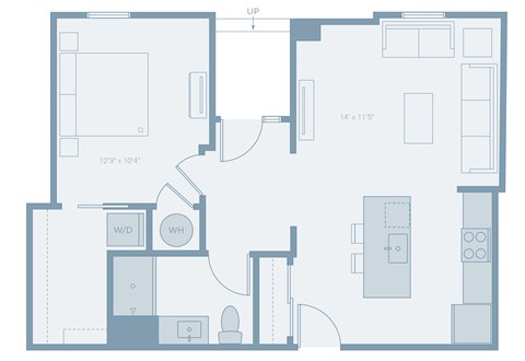 Floor plan for 1 bed, 1 bath, 703 sqft