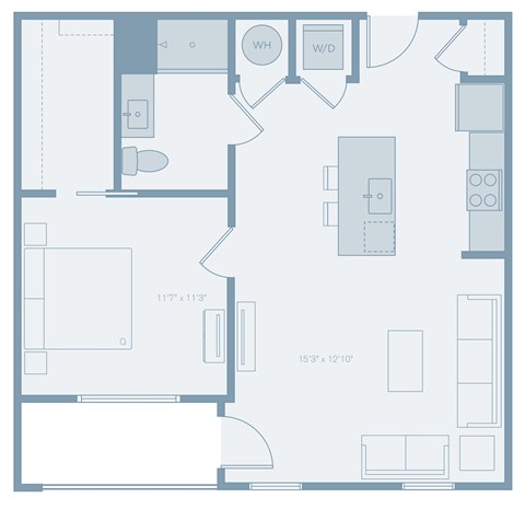 Floor plan for 1 bed, 1 bath, 707 sqft
