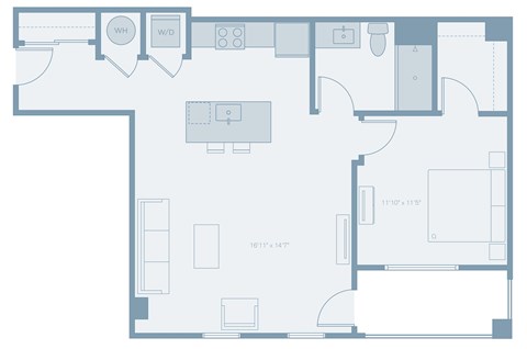 Floor plan for 1 bed, 1 bath, 786 sqft