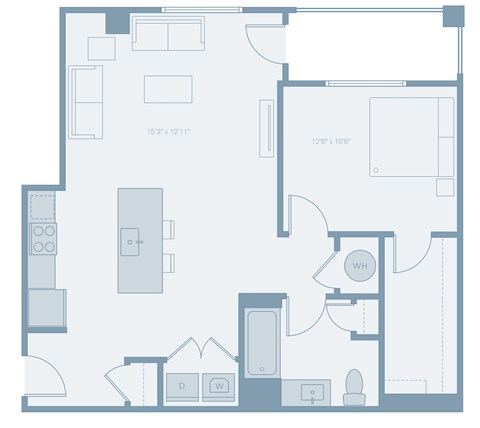 Floor plan for 1 bed, 1 bath, 836 sqft