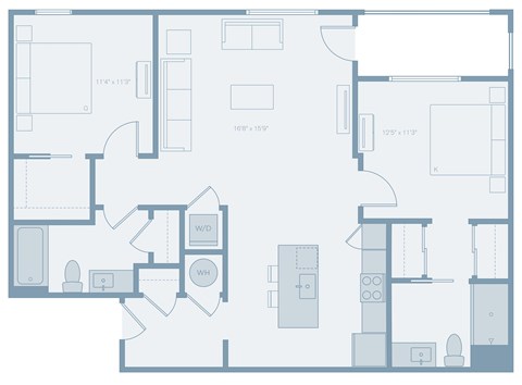 Floor plan for 2 beds, 2 baths, 1096 sqft