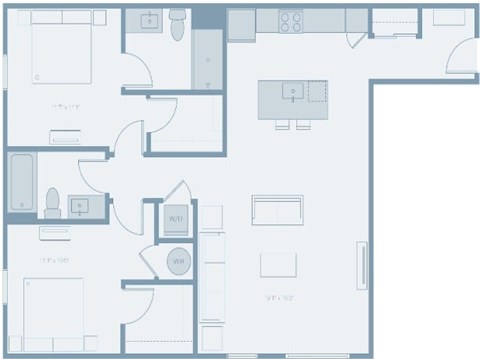 Floor plan for 2 beds, 2 baths, 1109 sqft