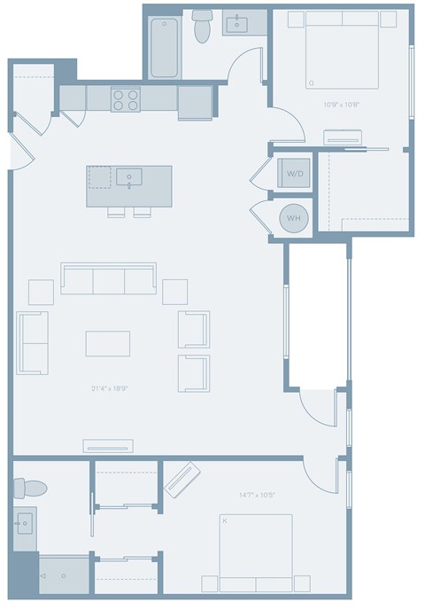 Floor plan for 2 beds, 2 baths, 1250 sqft