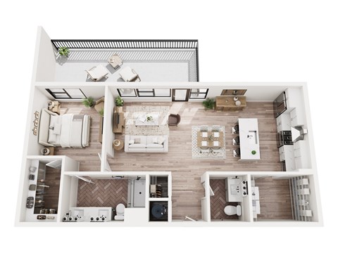 Floor plan for 1 bed, 1.5 baths, 910 sqft