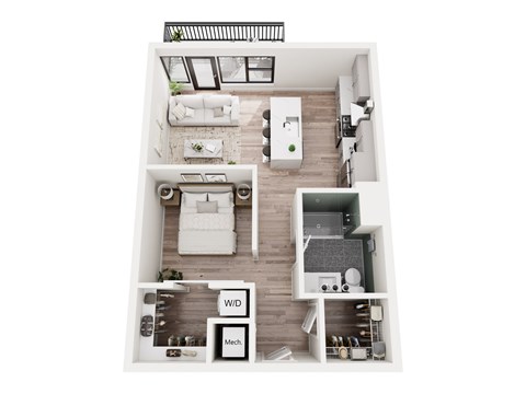 Floor plan for 1 bed, 1 bath, 588 sqft