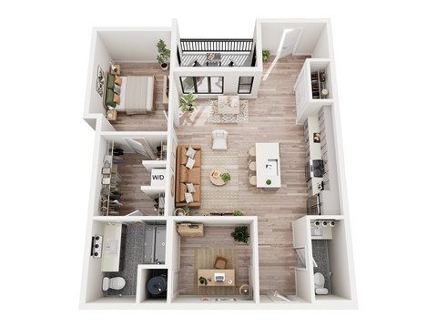 Floor plan for 1 bed, 1.5 baths, 959 sqft