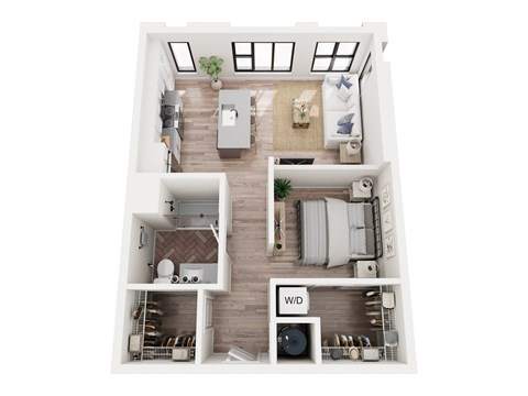 Floor plan for 1 bed, 1 bath, 597 sqft