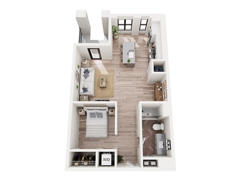 Floor plan for 1 bed, 1 bath, 670 sqft