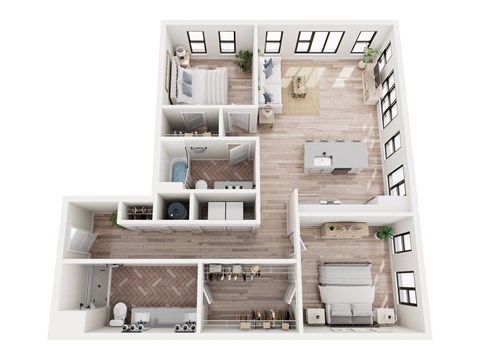 Floor plan for 2 beds, 2 baths, 983 sqft