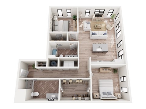 Floor plan for 2 beds, 2 baths, 983 sqft