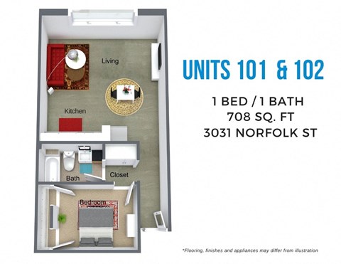 Floor plan for 1 bed, 1 bath, 957 sqft