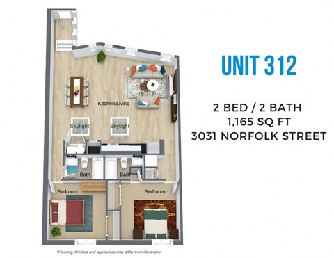Floor plan for 2 beds, 2 baths, 1110 sqft