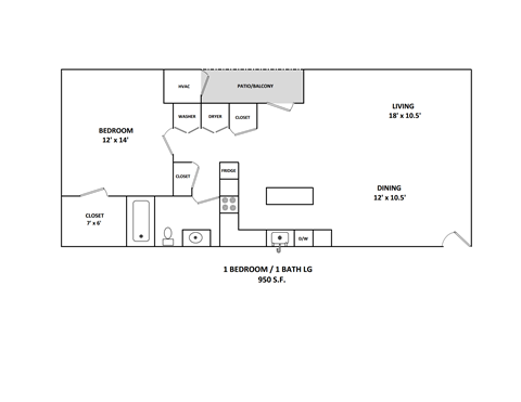 Floor plan for 1 bed, 1 bath, 950 sqft