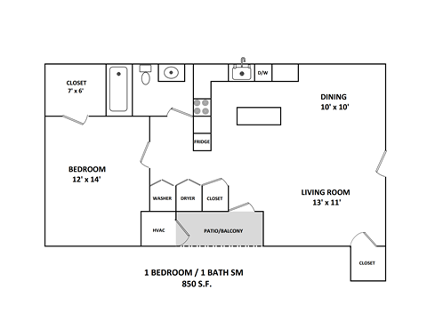Floor plan for 1 bed, 1 bath, 850 sqft