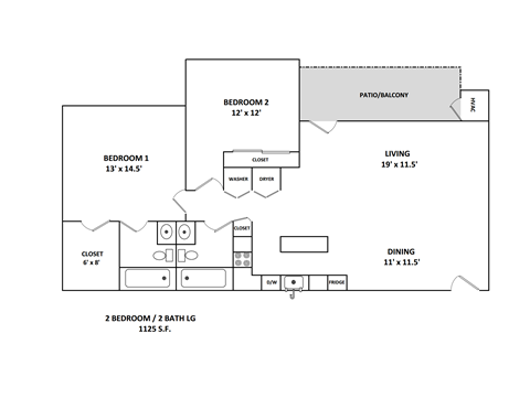 Floor plan for 1 bed, 1 bath, 850 sqft