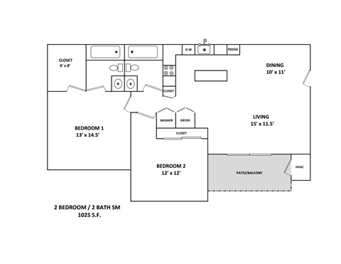 Floor plan for 2 beds, 2 baths, 1025 sqft