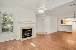 Glen Allen house for rent - A living room with a fireplace and a ceiling fan.