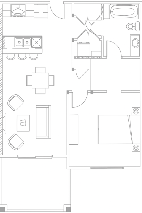 Floor plan for 1 bed, 1 bath, 680 sqft