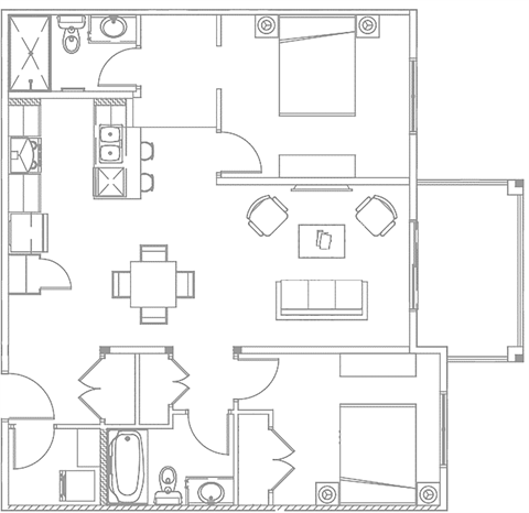 Floor plan for 2 beds, 2 baths, 924 sqft