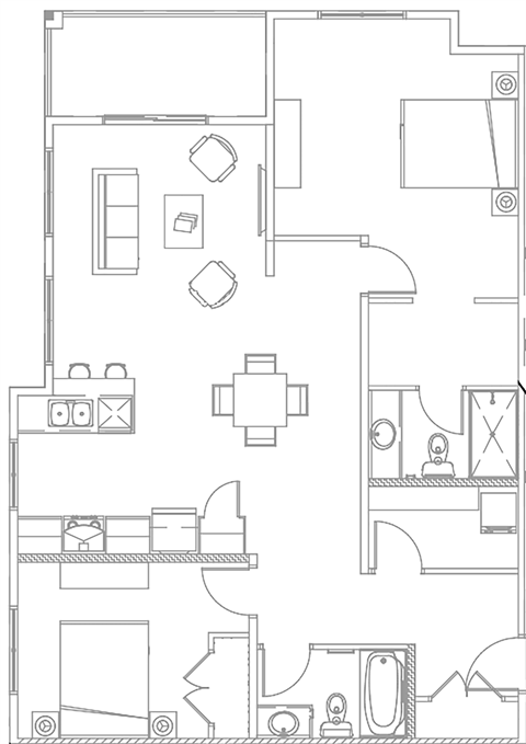 Floor plan for 2 beds, 2 baths, 1091 sqft