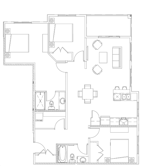 Floor plan for 3 beds, 2 baths, 1190 sqft