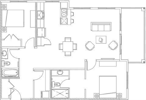 Floor plan for 2 beds, 2 baths, 1034 sqft