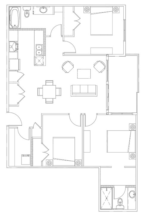 Floor plan for 3 beds, 2 baths, 1093 sqft