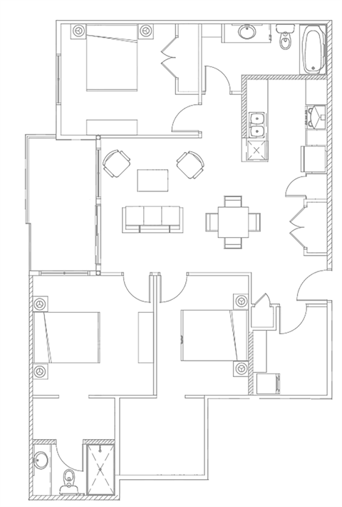 Floor plan for 3 beds, 2 baths, 1164 sqft