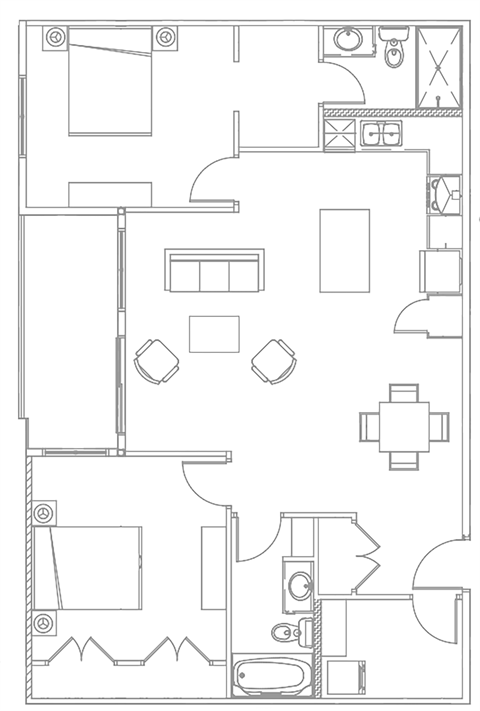 Floor plan for 2 beds, 2 baths, 1040 sqft