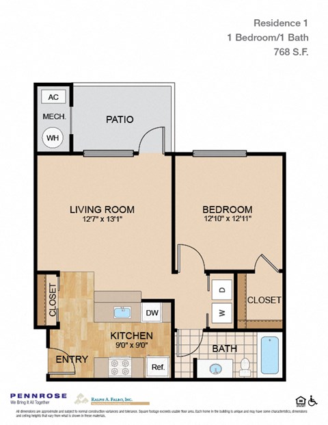 Floor plan for 1 bed, 1 bath, 768 sqft