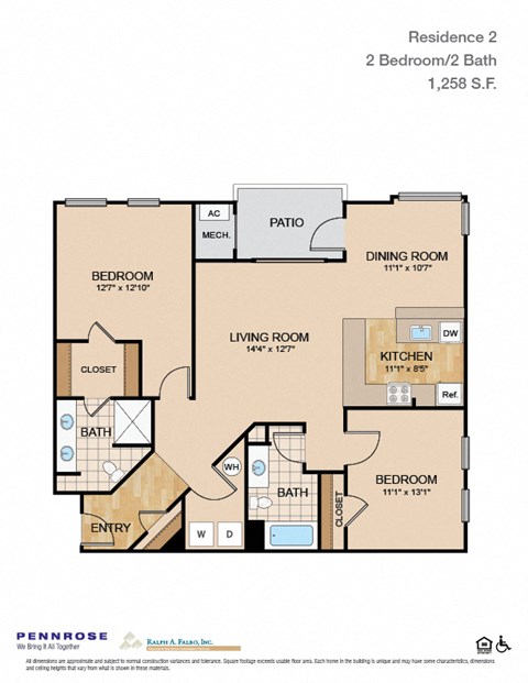 Floor plan for 2 beds, 2 baths, 1258 sqft