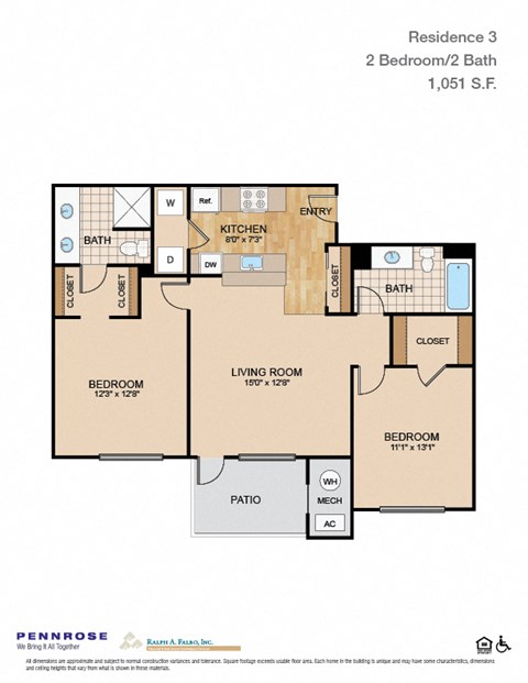 Floor plan for 2 beds, 2 baths, 1051 sqft