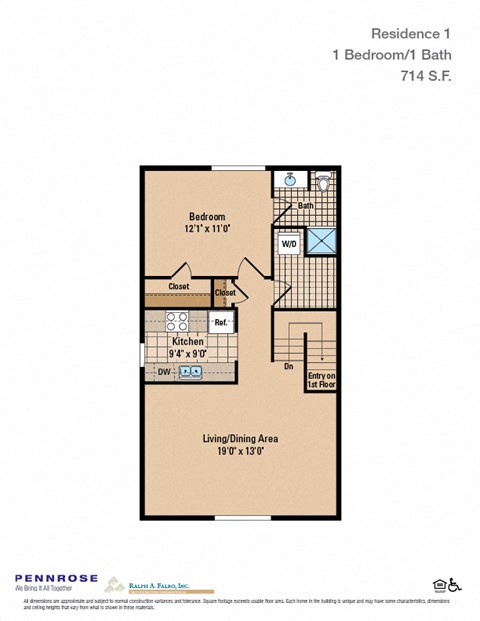 Floor plan for 1 bed, 1 bath, 714 sqft