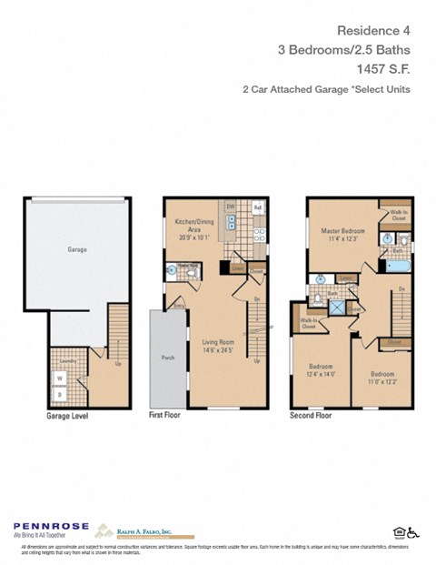 Floor plan for 3 beds, 2 baths, 1457 sqft