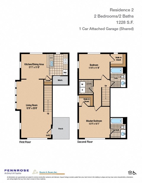Floor plan for 2 beds, 2 baths, 1228 sqft