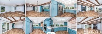 Bonsall house for rent - A series of images showcasing a spacious interior with wooden floors and blue accent walls.